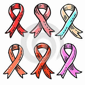 Handdrawn awareness ribbons, various colors represent different causes, isolated white background photo