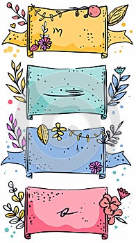 Handdrawn banners adorned whimsical florals dots. Colorful ribbon banners yellow, blue, pink cute photo