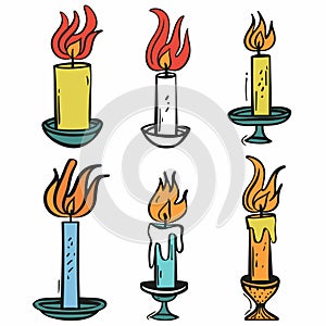 Handdrawn candles burning bright, various designs colors flames flickering light. Colorful