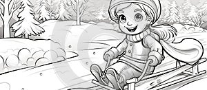 Handdrawn cartoon illustration of a happy girl on a sled in the snow