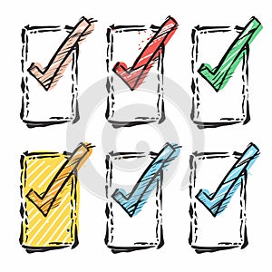 Handdrawn check marks within boxes, colorful sketch, doodle style checkboxes. Checklist success