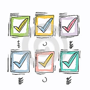 Handdrawn checkboxes colorful sketch six squares tick marks confirming approval task. Creative