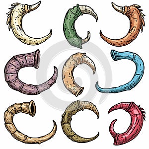 Handdrawn collection various animal horns, colorful, isolated white background. Artistic sketch
