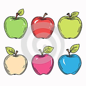 Handdrawn colorful apples, sketch style fruit illustration, diverse apple colors. Healthy
