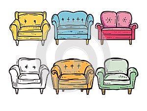 Handdrawn colorful armchairs sofa set. Vintage furniture illustration style, bright colors