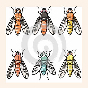 Handdrawn colorful bees set isolated white background. Six unique cartoon bee illustrations
