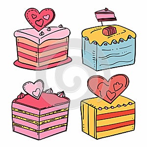 Handdrawn colorful cakes decorated hearts icing. Festive desserts romantic, Valentines Day