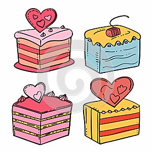 Handdrawn colorful cakes decorated hearts, perfect Valentines Day romantic celebrations. Sweet