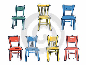 Handdrawn colorful chairs arranged two rows, six different designs. Sketch style furniture