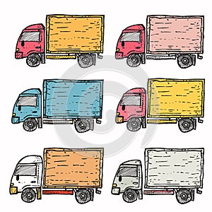 Handdrawn colorful delivery trucks vector set, various colors cargo transport illustration