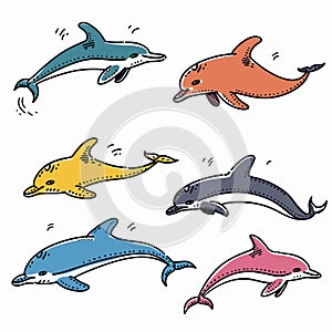 Handdrawn colorful dolphins leaping, cartoon style, different colors, playful marine animals. Six