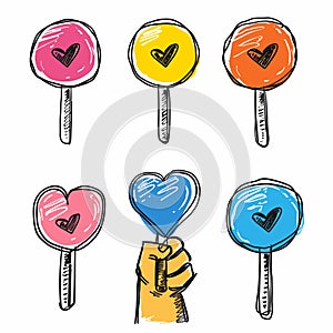 Handdrawn colorful lollipops, heartshaped round, sketched sweets, hand holding blue heart photo