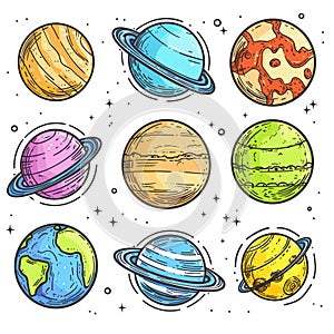 Handdrawn colorful planets stars space celestial bodies. Cartoon planets illustrations set cosmic