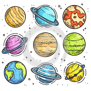 Handdrawn colorful planets stars space celestial bodies. Cartoon planets illustrations set cosmic photo