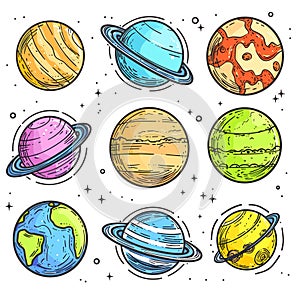 Handdrawn colorful planets stars white background, space celestial bodies sketch. Solar system photo