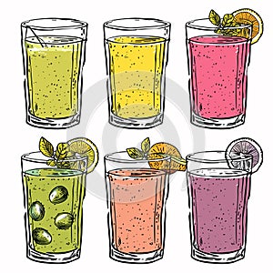 Handdrawn colorful smoothie drinks glasses, garnished fruit. Fresh juice assortment, sketched