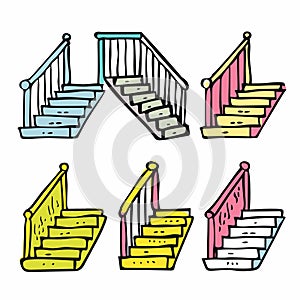 Handdrawn colorful staircases cartoon vector illustration, doodle stairs railings, home interior photo