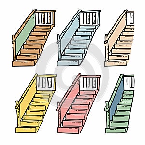 Handdrawn colorful staircases, six different colors, home interior design elements. Wooden stairs photo