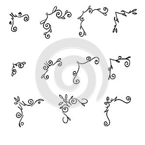 Handdrawn Decorative swirls corners. Scroll corner, decorative ornament swirl shapes or elegant vintage frame