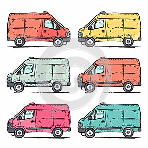 Handdrawn delivery vans presented various colors side view. Cartoonstyle cargo vehicles