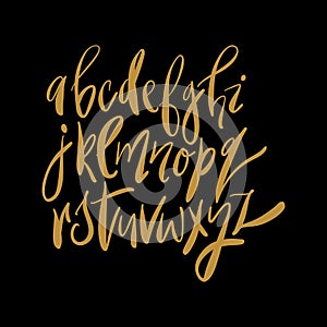 Handdrawn doodle golden glitter color alphabet. Handwritten calligraphy vector font. Glowing vector letters in scandinavian style