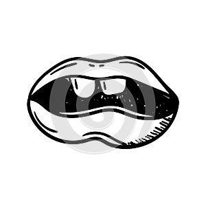 Handdrawn doodle lips icon. Hand drawn black sketch. Sign symbol. Decoration element. White background. Isolated. Flat design.