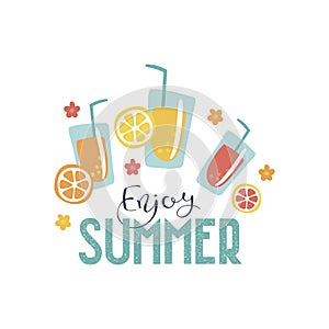 Handdrawn `Enjoy summer` vector banner template with cartoon style fruits and cocktails. Cute doodle illustration of summer vaca
