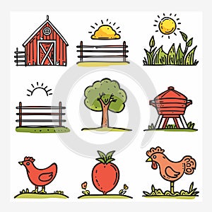 Handdrawn farm doodles set, colorful barn fence, sunny day, lush tree, barbecue grill, chicken