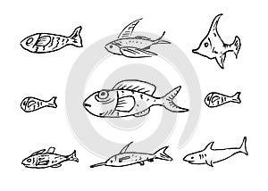 Handdrawn fish set doodle icon. Hand drawn black sketch. Sign ca