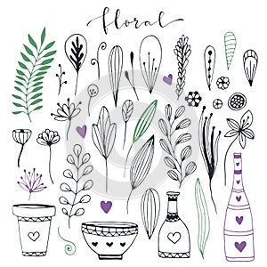 Handdrawn floral doodle collection. Cute decorative elements for design invitation and greeting cards. Vector set