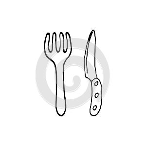 Handdrawn fork and knife doodle icon. Hand drawn black sketch.