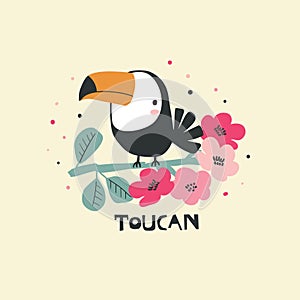 Handdrawn funny toucan bird with tropical flowers. Vector