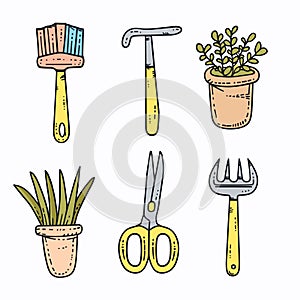 Handdrawn gardening tools plants colorful doodle sketch style. Gardening theme paintbrush, hammer
