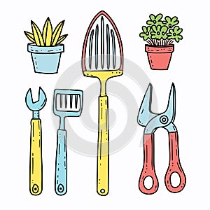 Handdrawn gardening tools plants pots. Colorful illustration includes fork, trowel, pruner