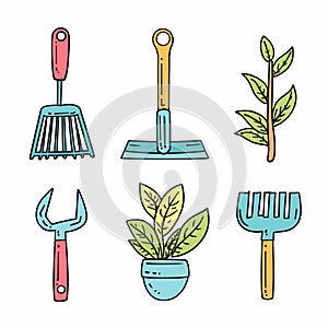 Handdrawn gardening tools plants vector illustration isolated white background. Colorful cartoon