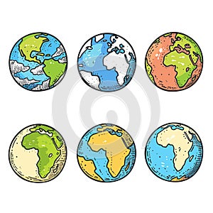 Handdrawn globes showcasing various earth continents outlines colorful cartoon style. Six photo