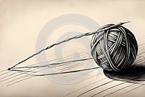 Handdrawn graphite pencil sketch of ball of thread, embroidery, knitting, freehand pencil drawing isolated on white. Generative AI