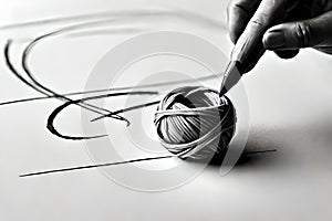 Handdrawn graphite pencil sketch of ball of thread, embroidery, knitting, freehand pencil drawing isolated on white. Generative AI