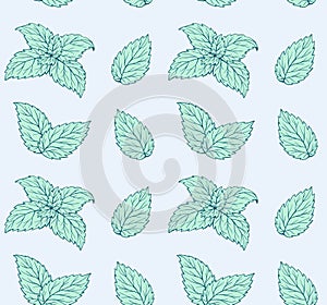 Handdrawn green leaves mint seamless pattern