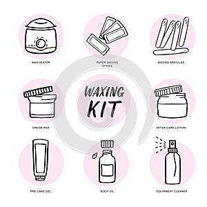 Handdrawn hair removal icons set. Waxing kit