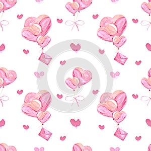 Handdrawn heart balloons seamless pattern. Watercolor pink hearts and love letter on the white background. Scrapbook design,