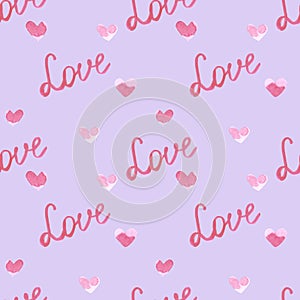 Handdrawn heart love seamless pattern. Watercolor pink hearts and love sign on the purple background. Scrapbook design, typography