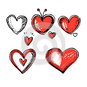 Handdrawn hearts collection varying designs, artistic sketch style love symbols. Red black colors photo