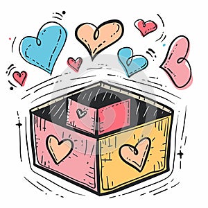 Handdrawn hearts floating out colorful box, symbolizing love, generosity, Valentines Day concepts photo