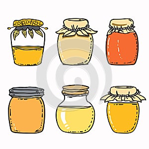 Handdrawn honey jars collection, various shapes colors. Sweet organic honey set, decorative lids