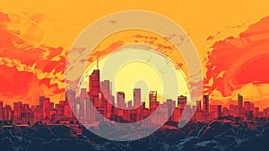 A handdrawn illustration of a city skyline against a sunset backdrop adorning the cover of a vinyl record