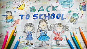 Handdrawn illustration featuring & x27;back to school& x27; message surrounded by cheerful student sketches and colorful
