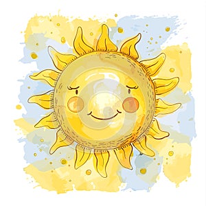 Handdrawn illustration smiling sun character, yellow orange hues dominate. Artistic interpretation photo