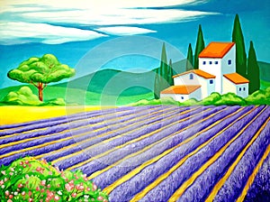 Handdrawn illustration with a sunny mediterranean landscape and a lavender field