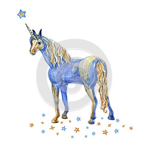 Handdrawn illustration of unicorn with stars isolated on the white background